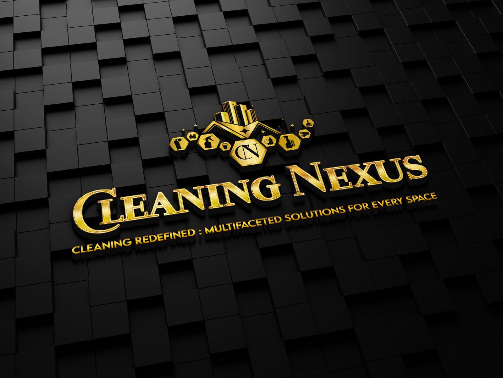 Cleaning Nexus logo: a gold emblem of a city skyline under a roofline, surrounded by hexagons with cleaning icons and a CN monogram, above the words Cleaning Nexus and the tagline Cleaning Redefined: Multifaceted Solutions for Every Space
